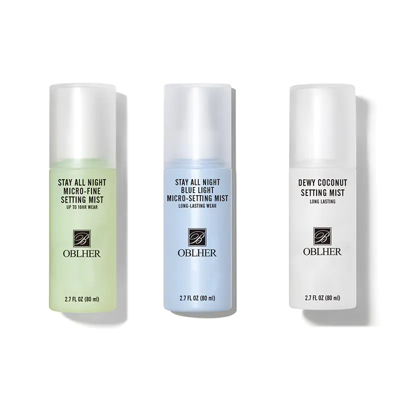 Three Makeup Stay On All Day Spray bottles displayed in a clean and modern design. The setting mist is suitable for helping maintain a fresh-looking makeup finish during workdays, travel, and social activities.