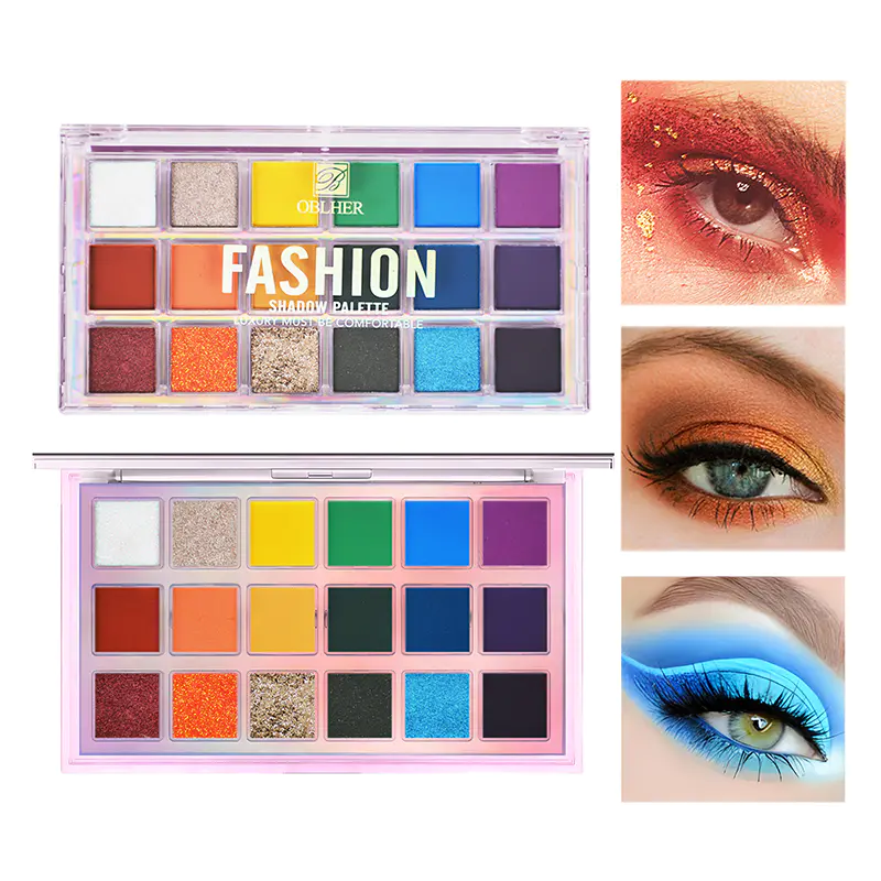 The 18 Color Eyeshadow Palette showcases coordinated neutral and vibrant shades with smooth textures, making it suitable for blending layered eye makeup styles for different occasions.
