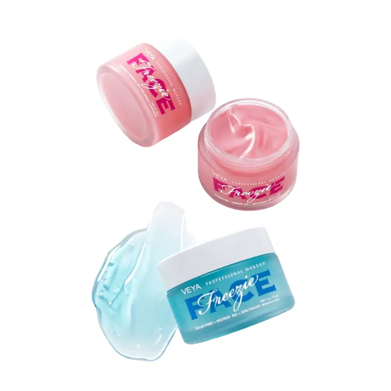 Two Oil Control Face Primer jars display pink and blue gel formulas with visible swatches, focusing on lightweight application and shine control.